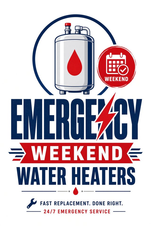 Emergency Weekend Water Heaters — navy and red water heater and weekend calendar logo